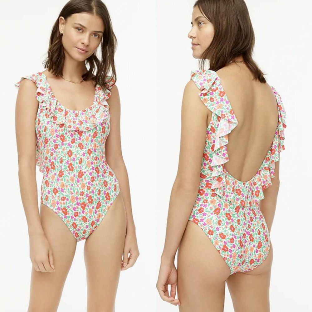 J. Crew Floral Ruffle One-Piece Swimsuit in White, Pink & Green
